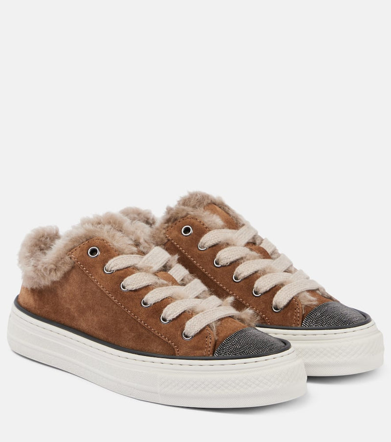 Brunello Cucinelli Embellished suede and shearling sneakers