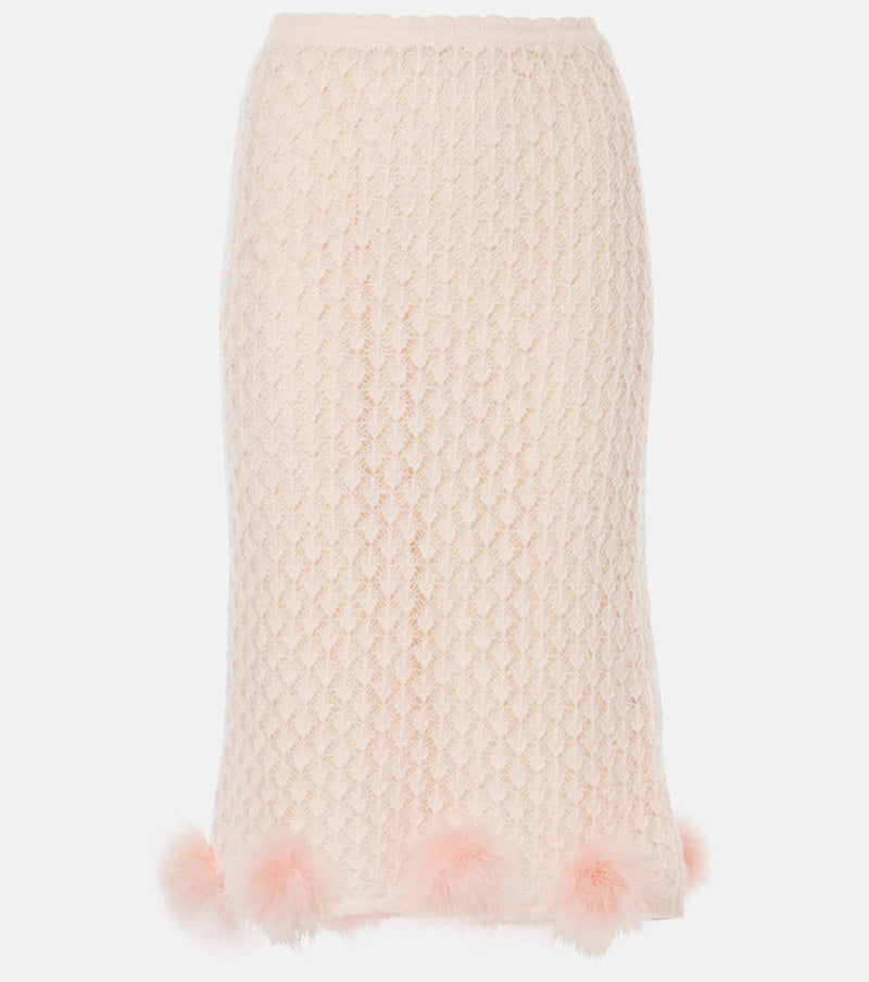 Blumarine Feather-trimmed mohair and wool-blend midi skirt