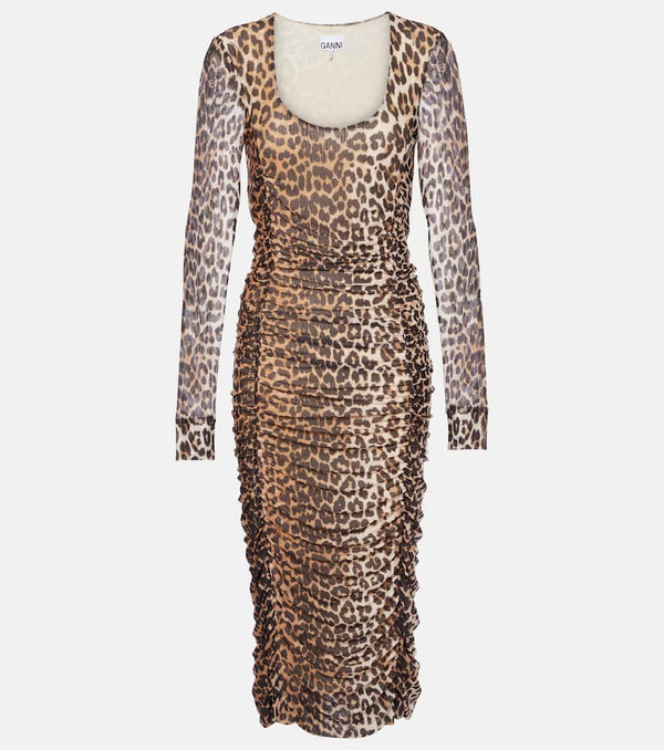 Ganni Leopard-print ruched mesh midi dress