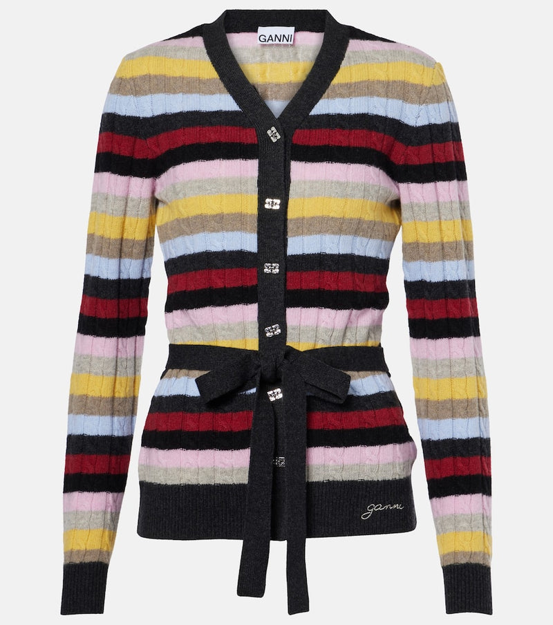 Ganni Striped cable-knit wool-blend cardigan