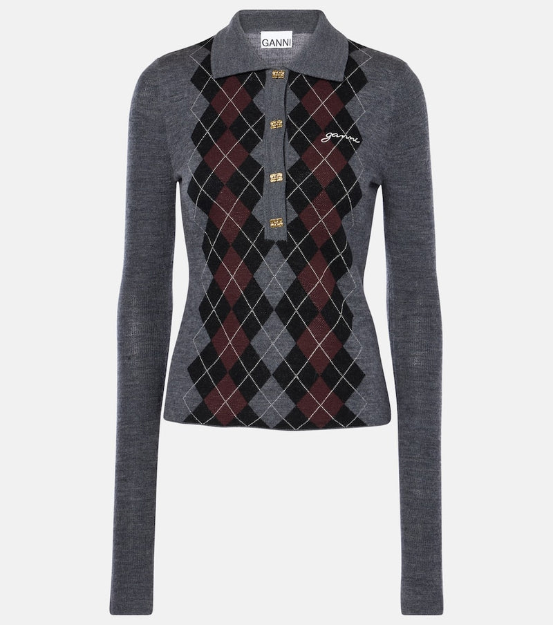 Ganni Argyle wool polo sweater