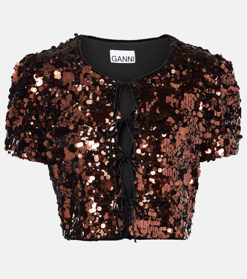 Ganni Sequined velvet-trimmed crop top