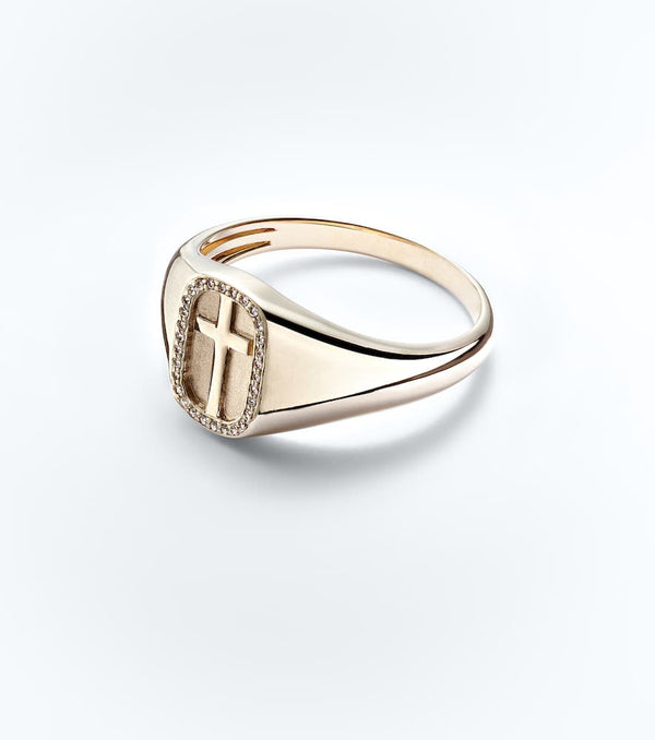 Sydney Evan Cross Icon 14kt gold ring with diamonds