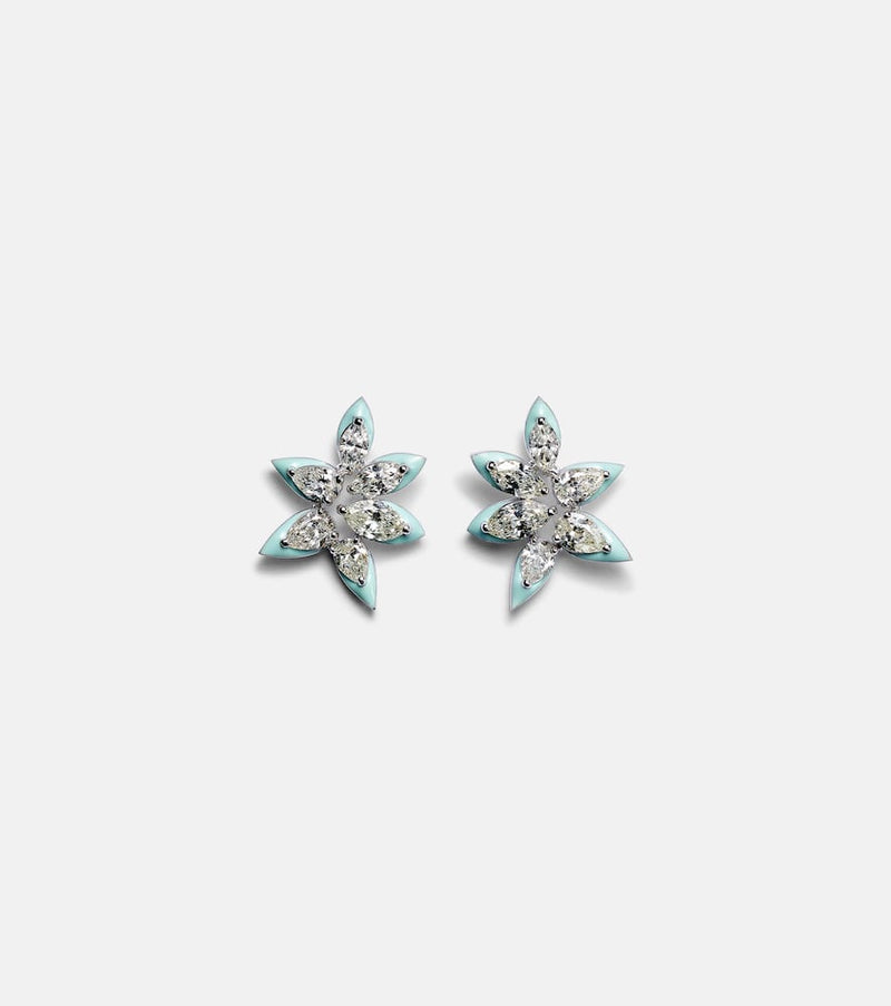 Kamyen Asymmetric floral 18kt white gold earrings with enamel and diamonds