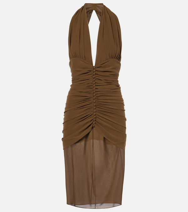 Saint Laurent Halterneck ruched silk midi dress