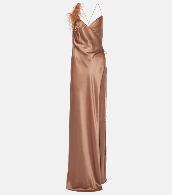 The Sei Feather-trimmed silk satin wrap dress