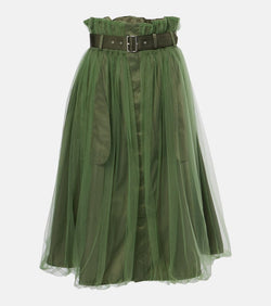 Noir Kei Ninomiya Belted tulle-trimmed twill midi skirt