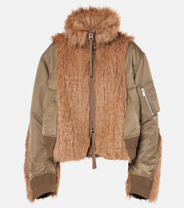 Sacai Faux fur and technical jacket