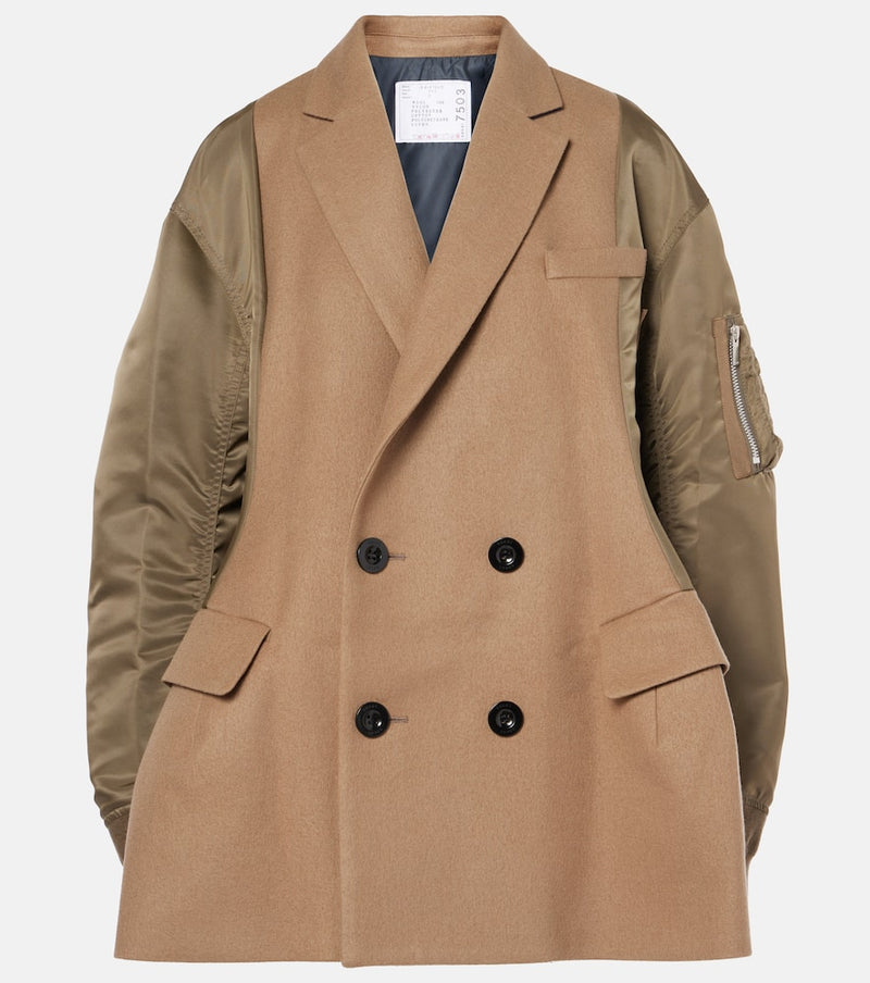 Sacai Double-breasted wool and technical coat