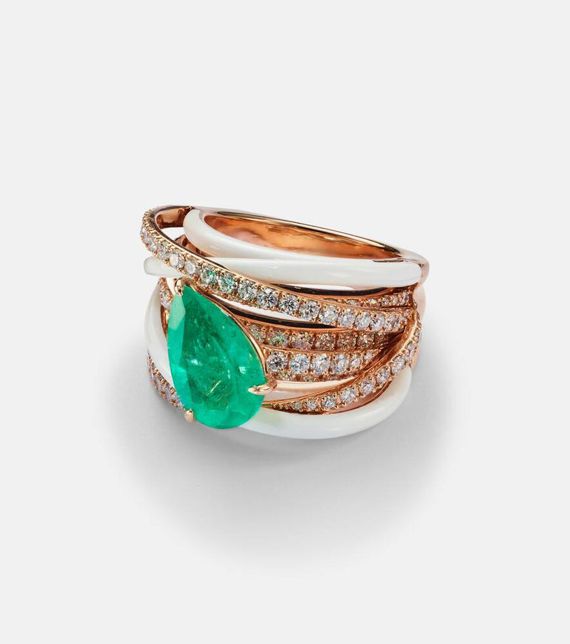 Kamyen 18kt rose gold ring with emerald and diamonds