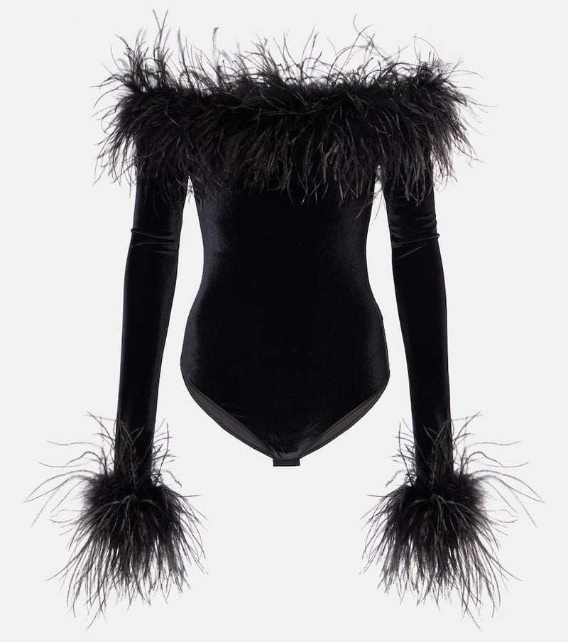 Oséree Feather-trimmed velvet bodysuit