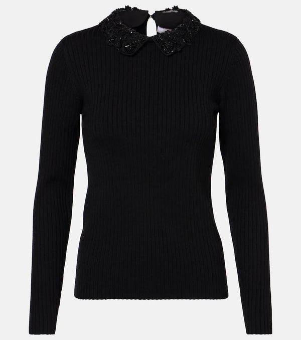 Carolina Herrera Embellished ribbed-knit wool top