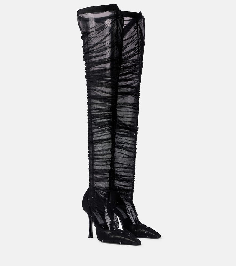 Jimmy Choo Lotta 100 embellished tulle over-the-knee boots