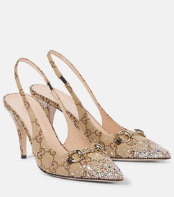 Gucci Horsebit GG Canvas crystal-embellished pumps