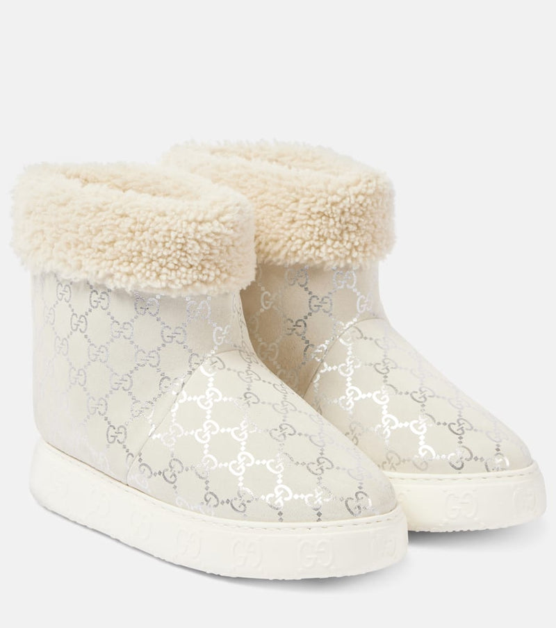 Gucci Printed shearling-trimmed suede ankle boots