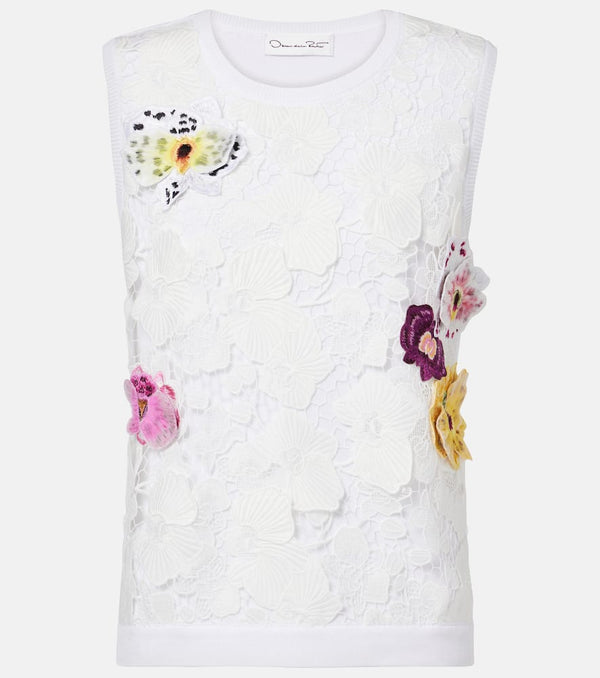 Oscar de la Renta Lace-trimmed floral-appliqué cotton-blend top