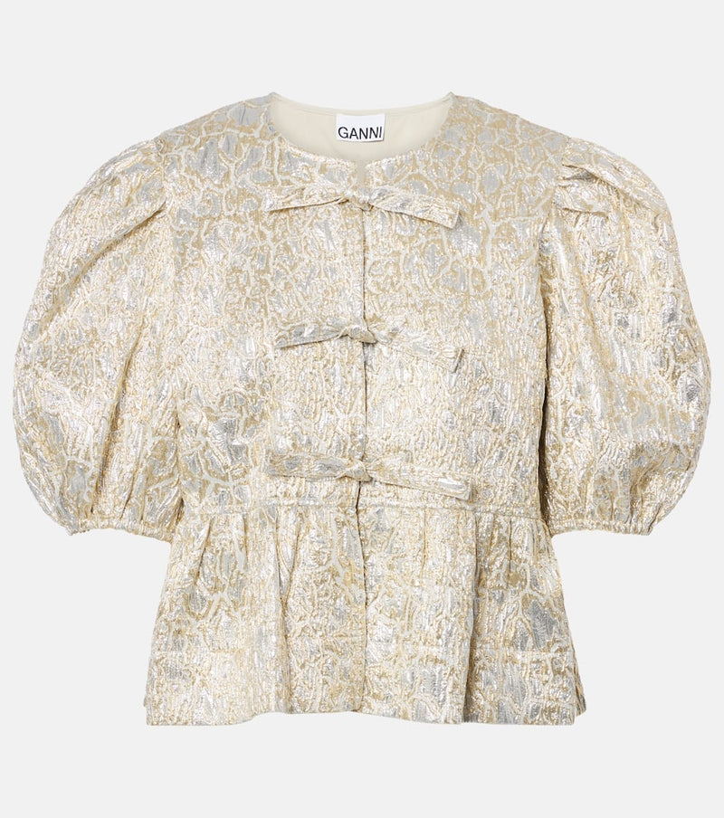 Ganni Puff-sleeve brocade top