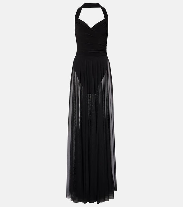 Norma Kamali Cayla draped mesh maxi dress