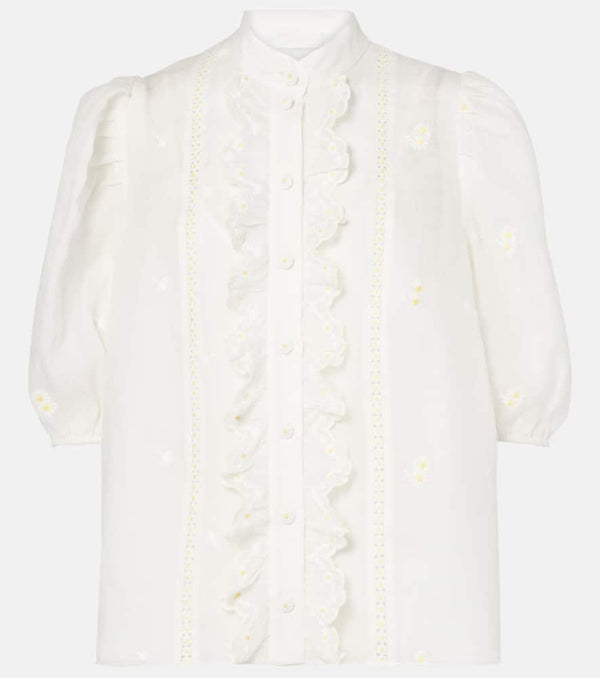 Zimmermann Acacia ruffled embroidered ramie blouse