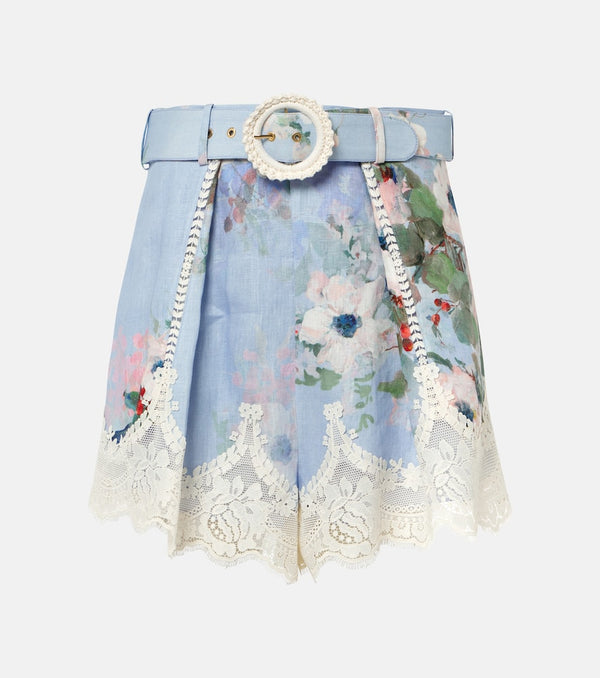 Zimmermann Everley belted floral linen and lace shorts