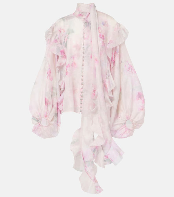 Zimmermann Crush floral ruffled tie-neck blouse