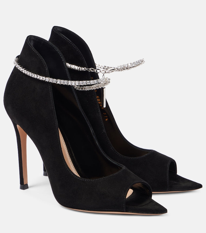 Gianvito Rossi Crystal-embellished suede peep-toe pumps