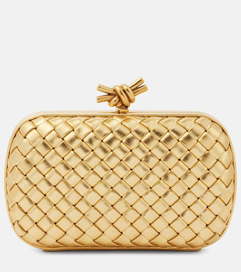Bottega Veneta Knot Intreccio Metallic Leather Clutch Gold