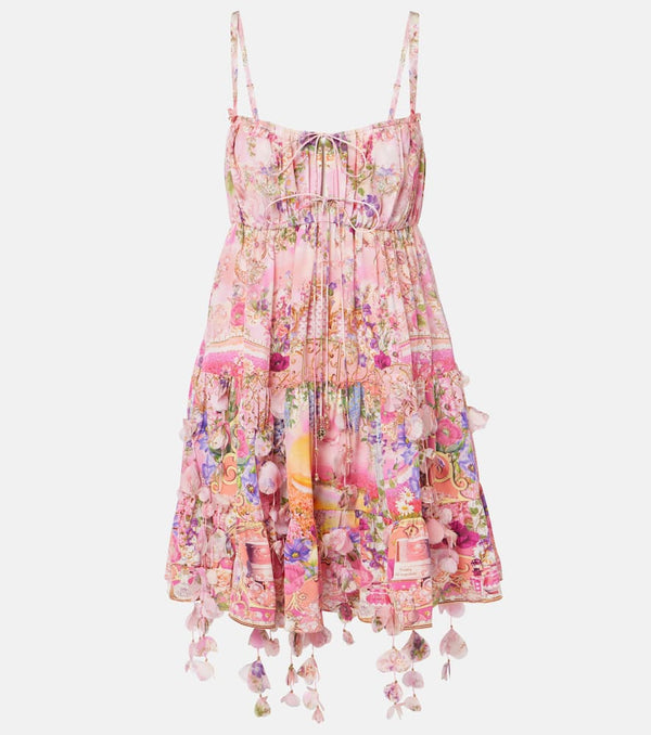 Camilla Floral-appliqué gathered silk crêpe minidress