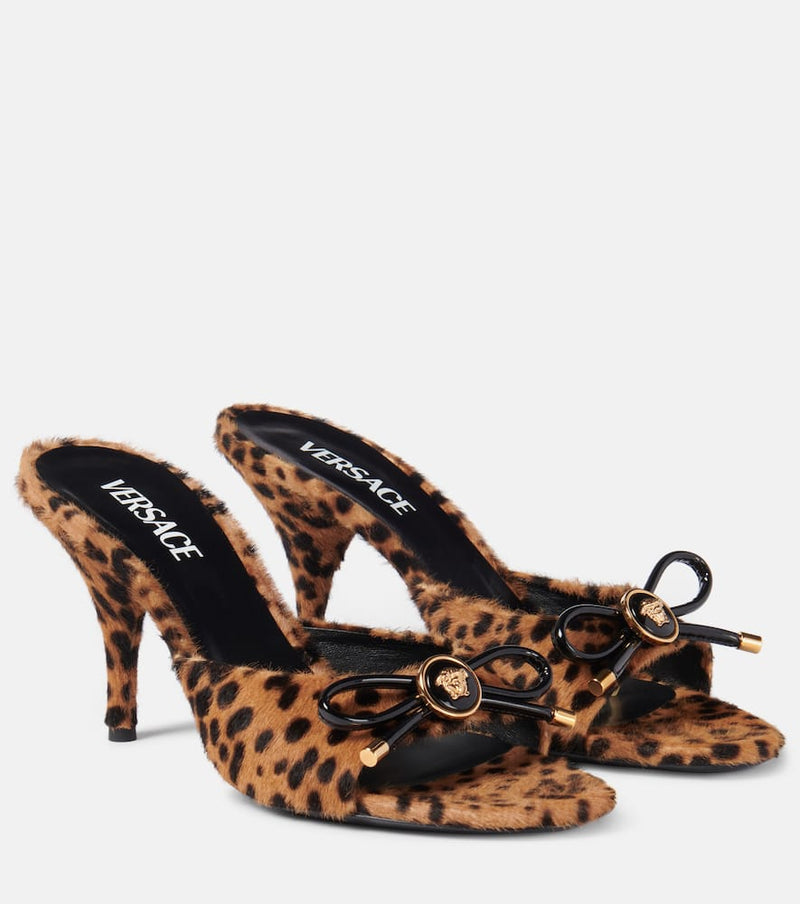 Versace Leopard Opera Bow 95 shearling mules