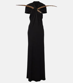 Loewe Cutout feather-trimmed jersey maxi dress