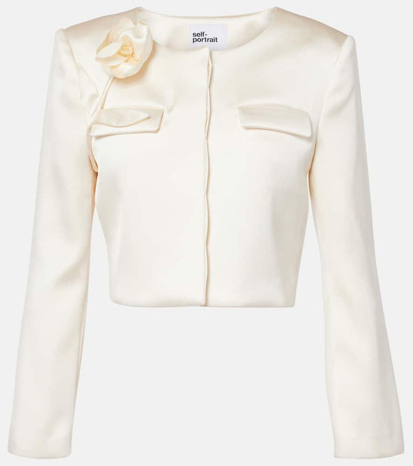 Self-Portrait Cream 3D Flower satin blazer