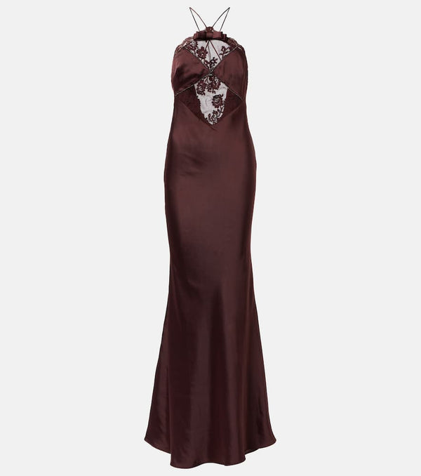 Self-Portrait Lace-trimmed halterneck satin gown