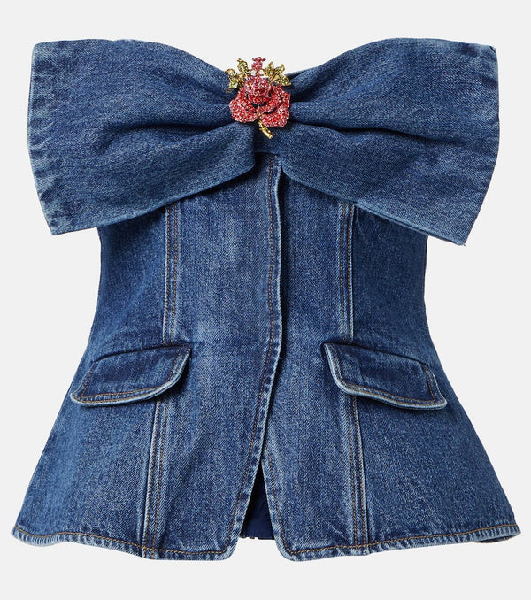 Self-Portrait Embellished strapless denim top