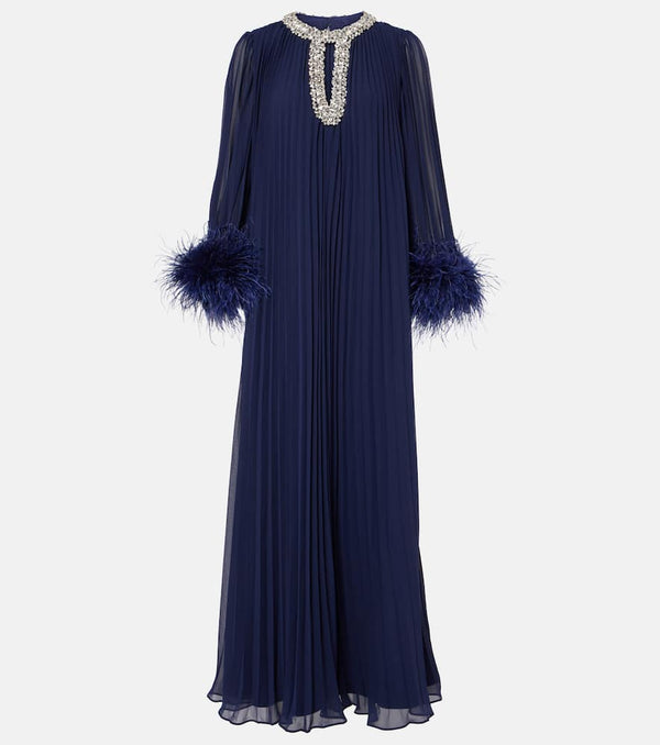 Self-Portrait Plissé feather-trimmed chiffon maxi dress