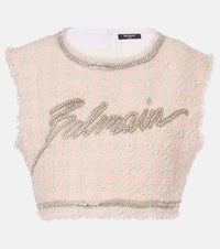 Balmain Logo embellished boucle crop top