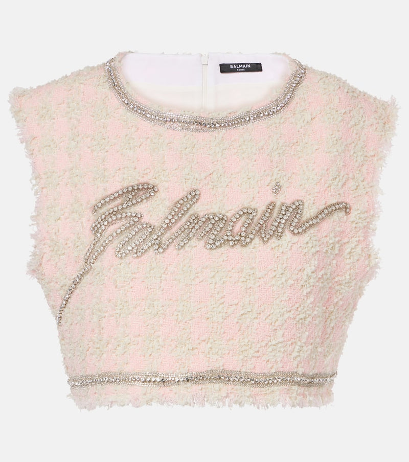 Balmain Logo embellished boucle crop top