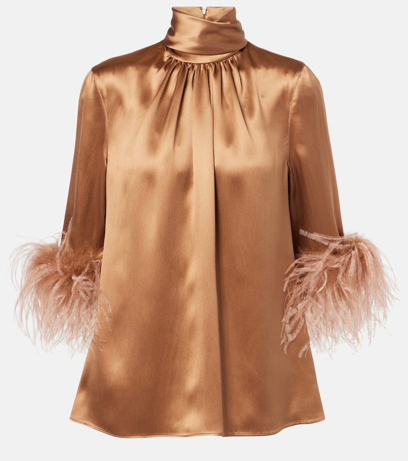 Dolce & Gabbana Feather-trimmed turtleneck silk satin blouse