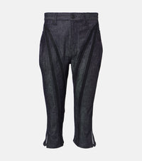 Mugler Mesh-trimmed denim capri pants