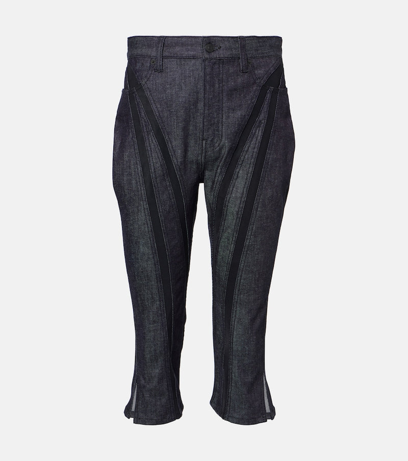 Mugler Mesh-trimmed denim capri pants