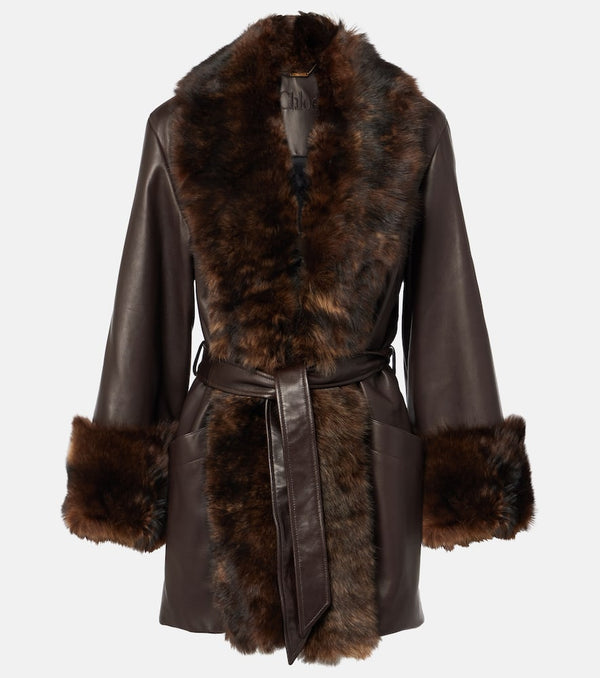 Chloé Shearling-trimmed leather wrap jacket