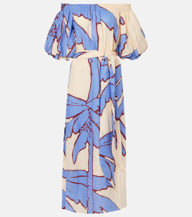 Johanna Ortiz Printed off-shoulder linen midi dress