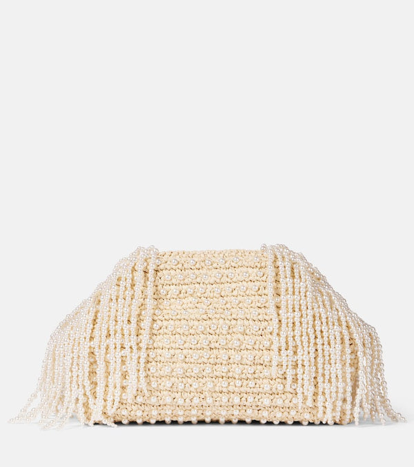 Self-Portrait Embellished fringed raffia clutch