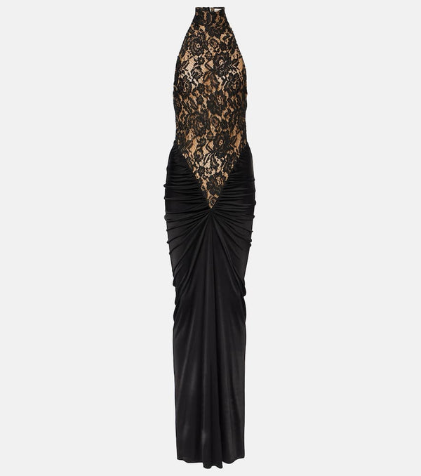 The New Arrivals Ilkyaz Ozel Cass lace-trimmed ruched halterneck gown