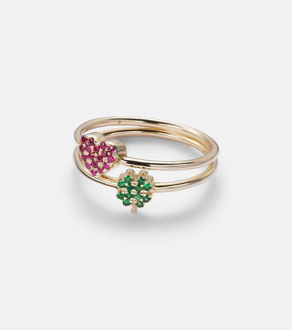 Roxanne First Clover and Heart 14kt gold ring set with tsavorite and sapphire