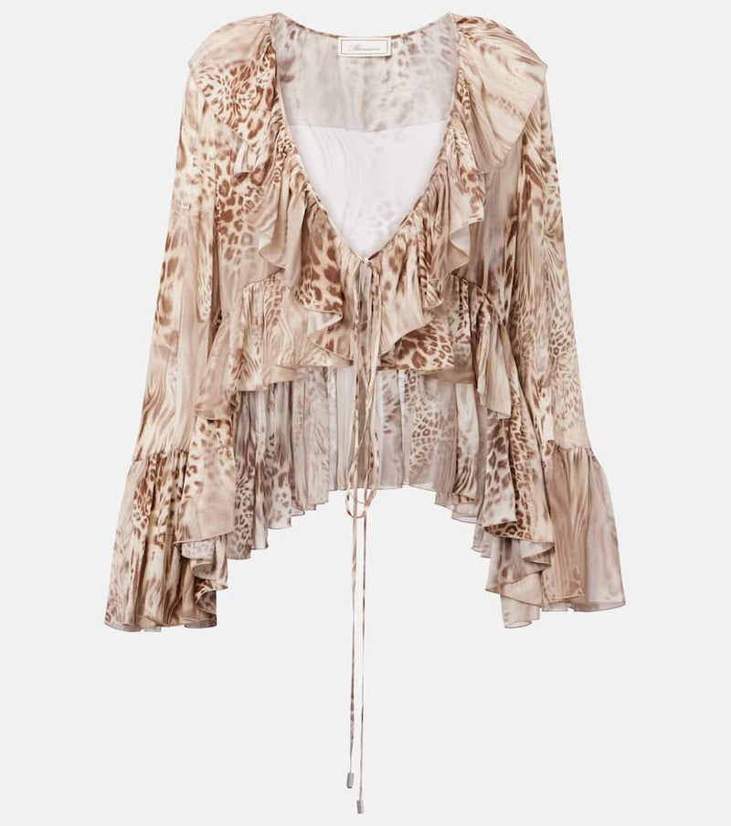 Blumarine Ruffled Leopard-Print Chiffon Top Brown