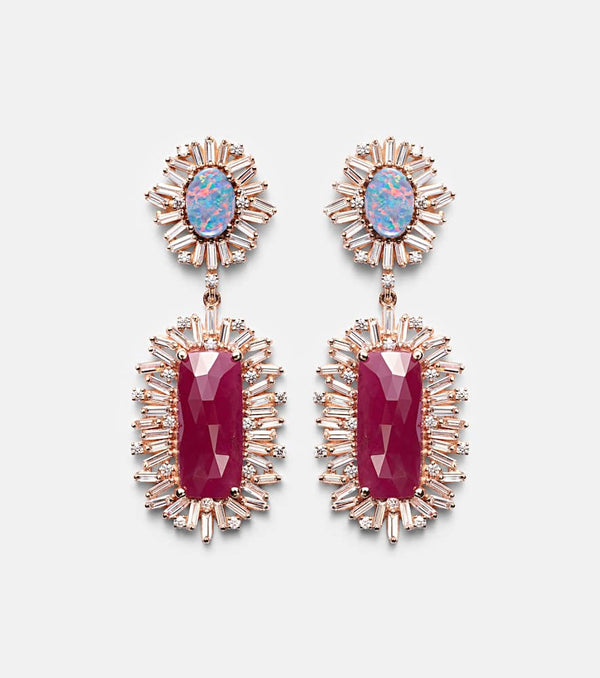 Suzanne Kalan One of a Kind 18kt rose gold drop earrings with diamonds, rubies and opal