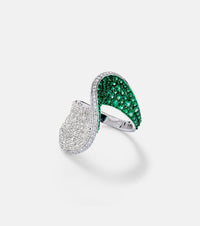 Kamyen 18kt white gold ring with diamonds and emeralds