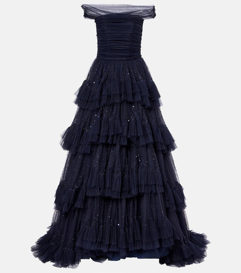 Jenny Packham Queenie Embellished Tiered Tulle Gown Blue