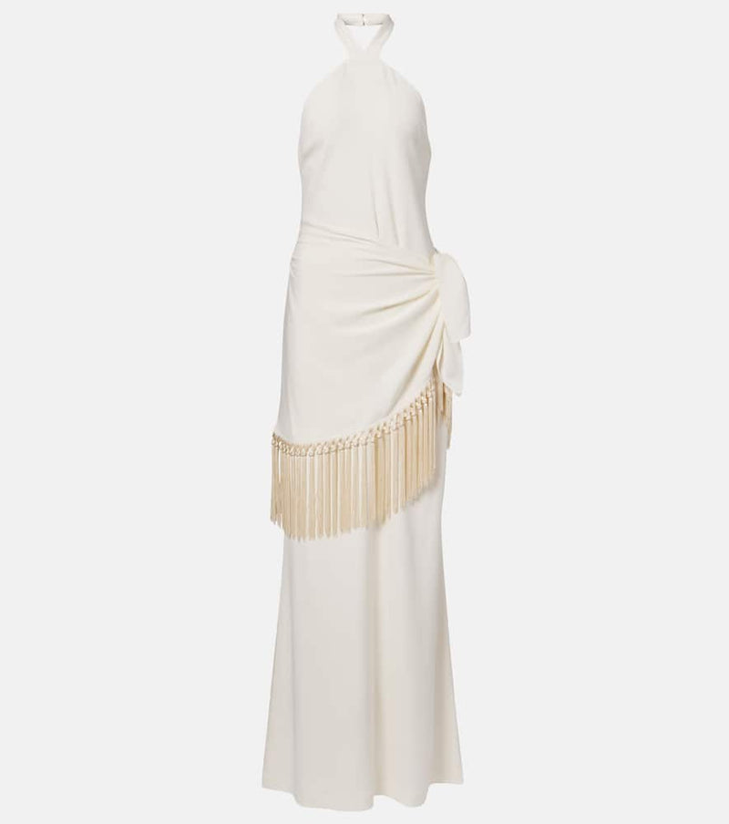 Taller Marmo Meteora fringed halterneck crepe cady gown