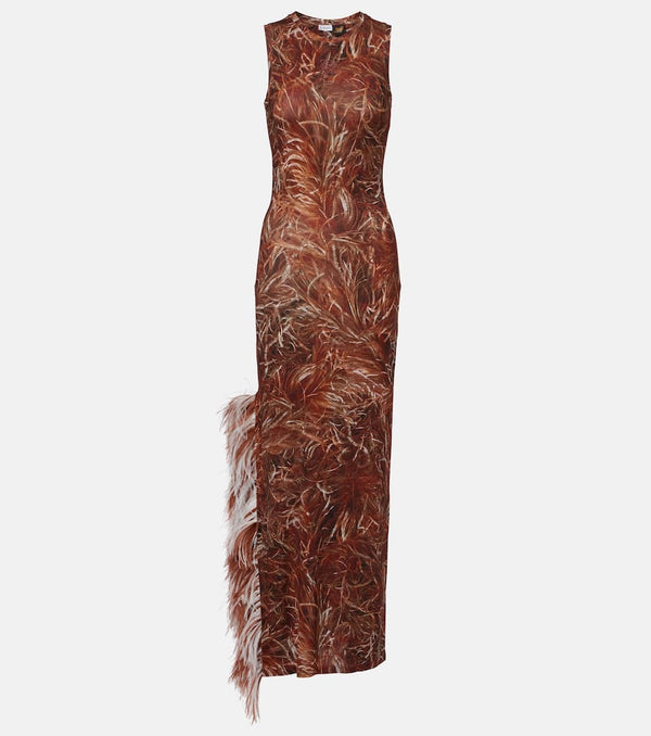 Loewe Feather-trimmed printed maxi dress